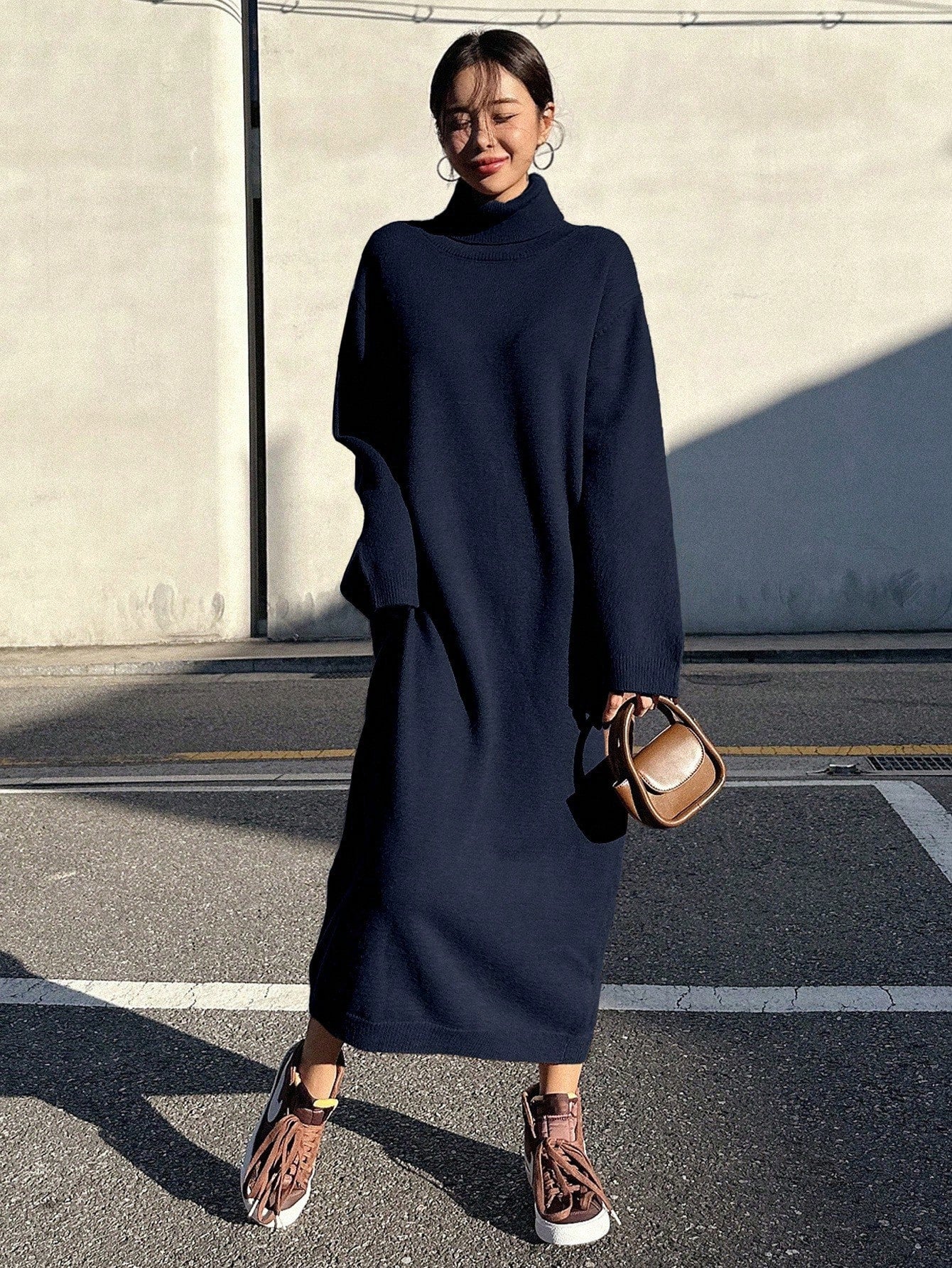 Loose Fitting Turtleneck Dolman Sleeve Sweater Dress
