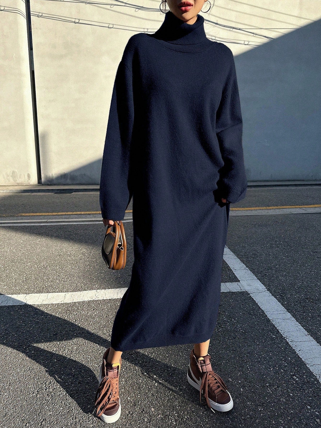 Loose Fitting Turtleneck Dolman Sleeve Sweater Dress
