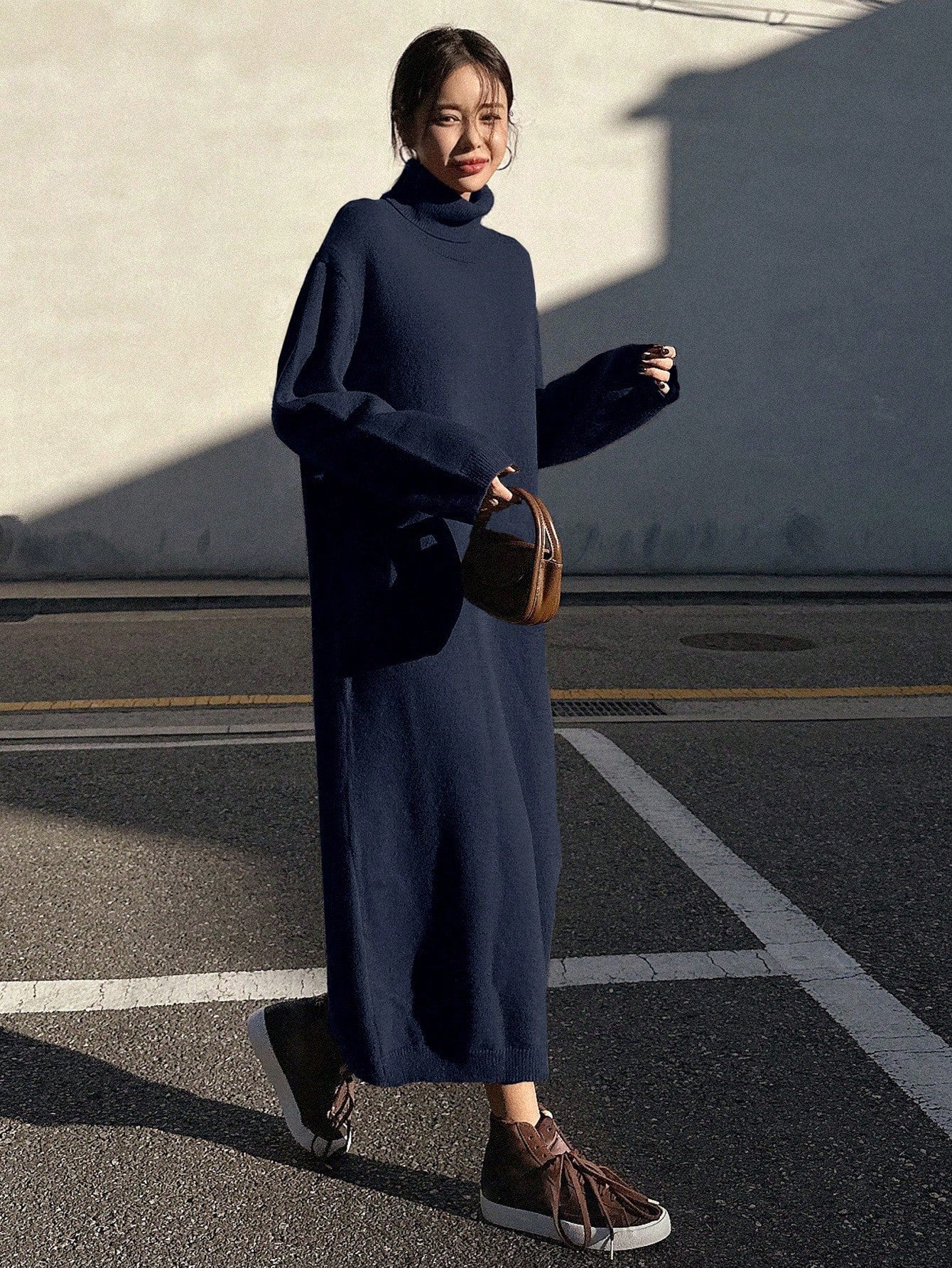 Loose Fitting Turtleneck Dolman Sleeve Sweater Dress