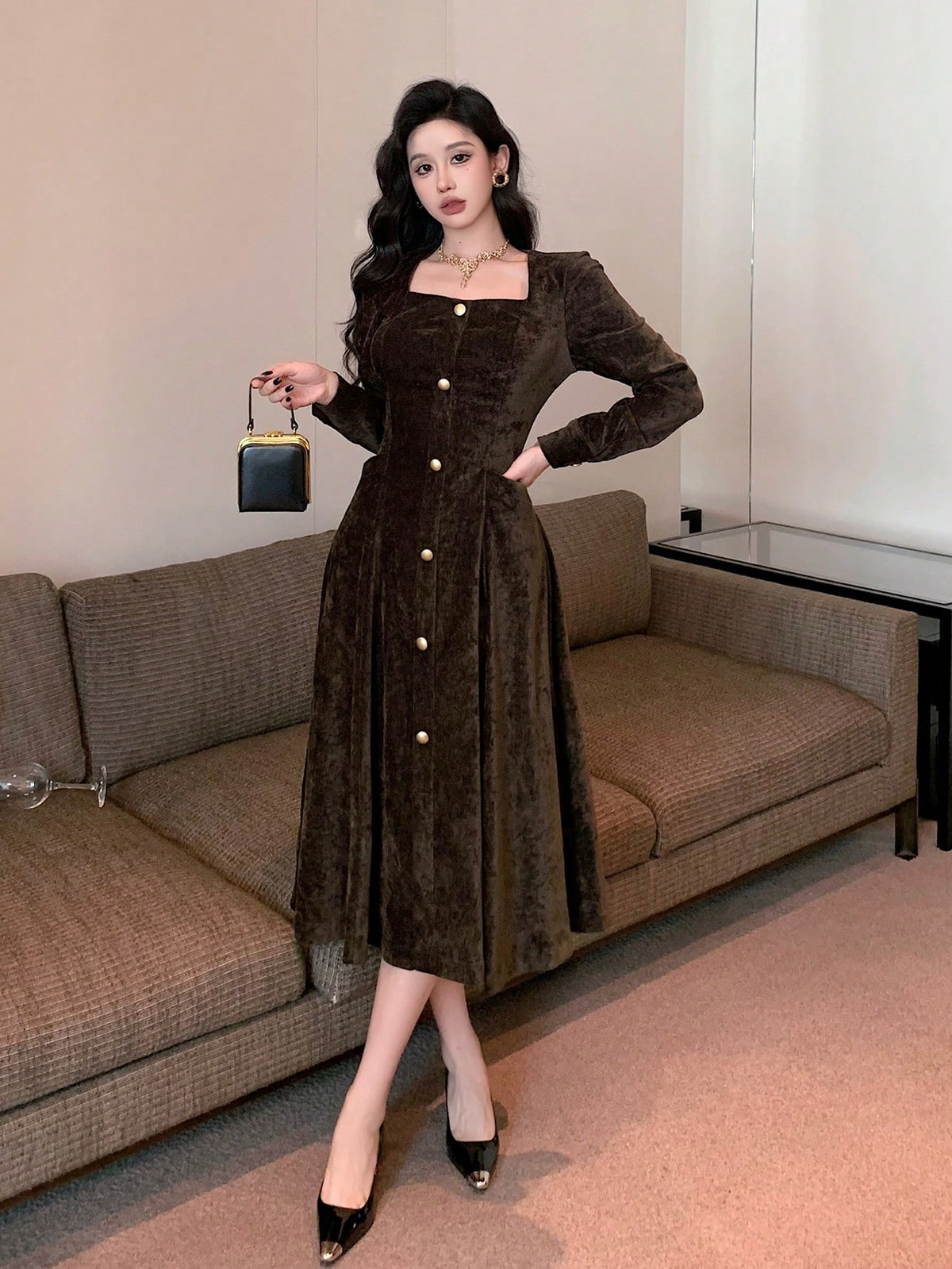 Solid Color Square Neck Button Front Mid-Length Dress