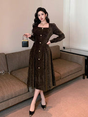 Solid Color Square Neck Button Front Mid-Length Dress
