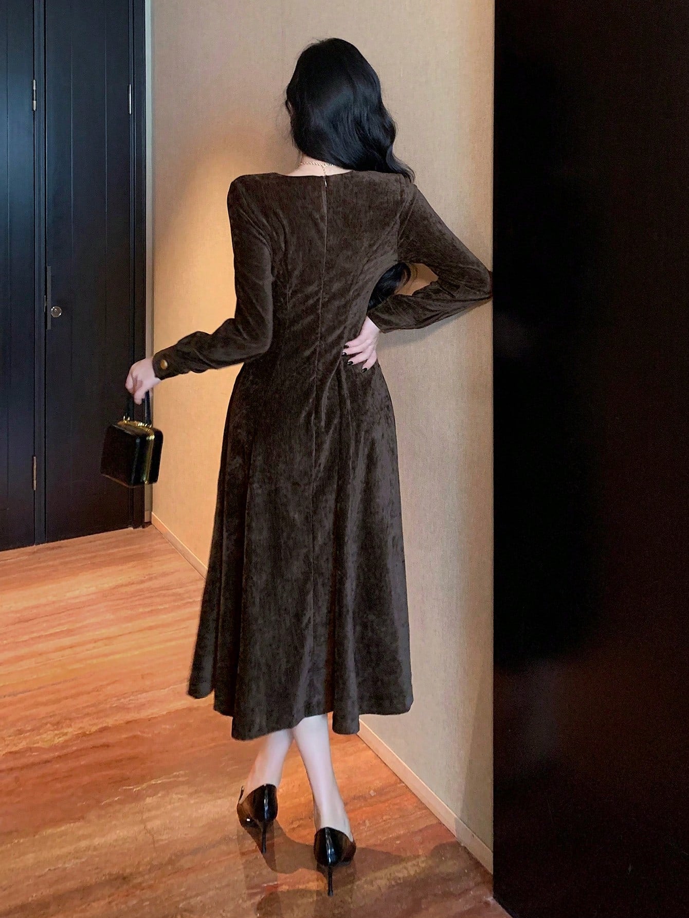 Solid Color Square Neck Button Front Mid-Length Dress