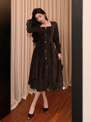Solid Color Square Neck Button Front Mid-Length Dress
