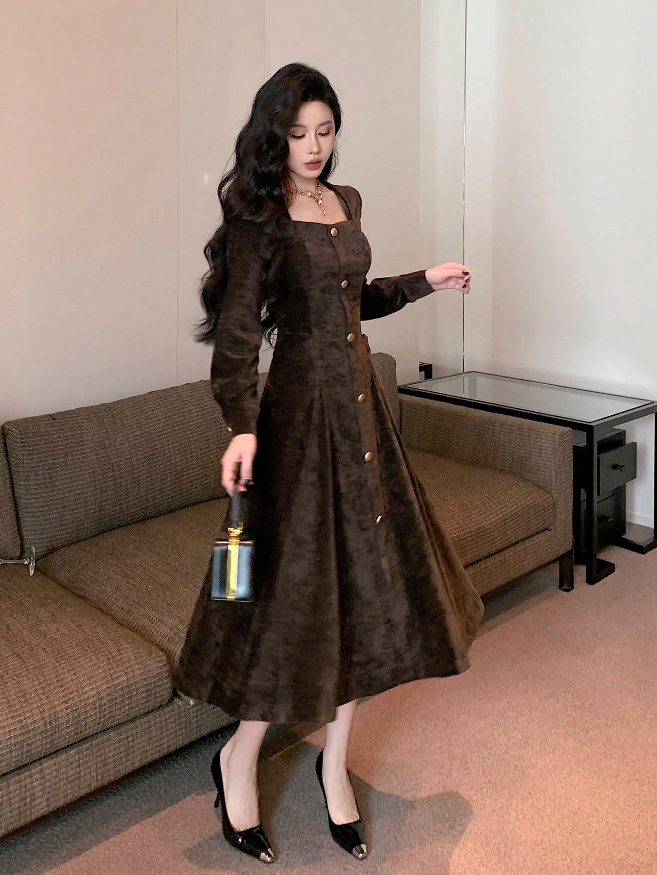 Solid Color Square Neck Button Front Mid-Length Dress