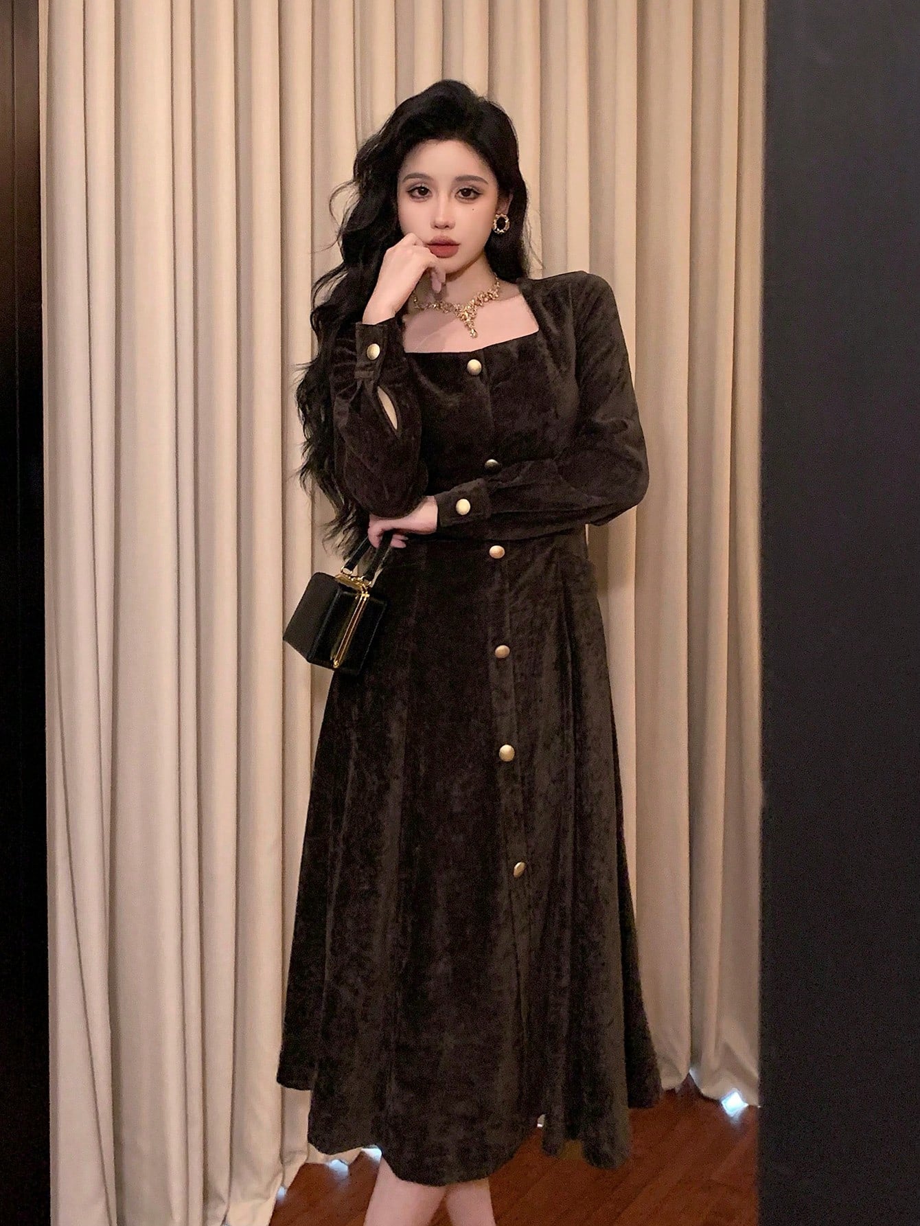 Solid Color Square Neck Button Front Mid-Length Dress