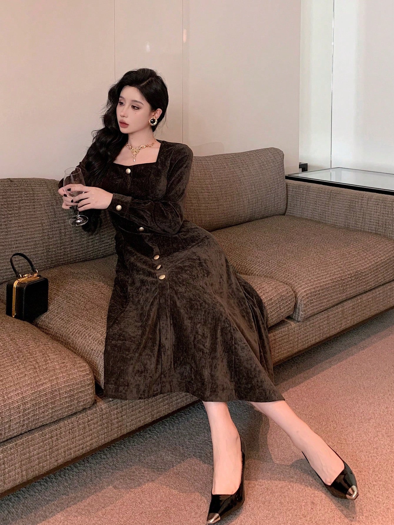 Solid Color Square Neck Button Front Mid-Length Dress