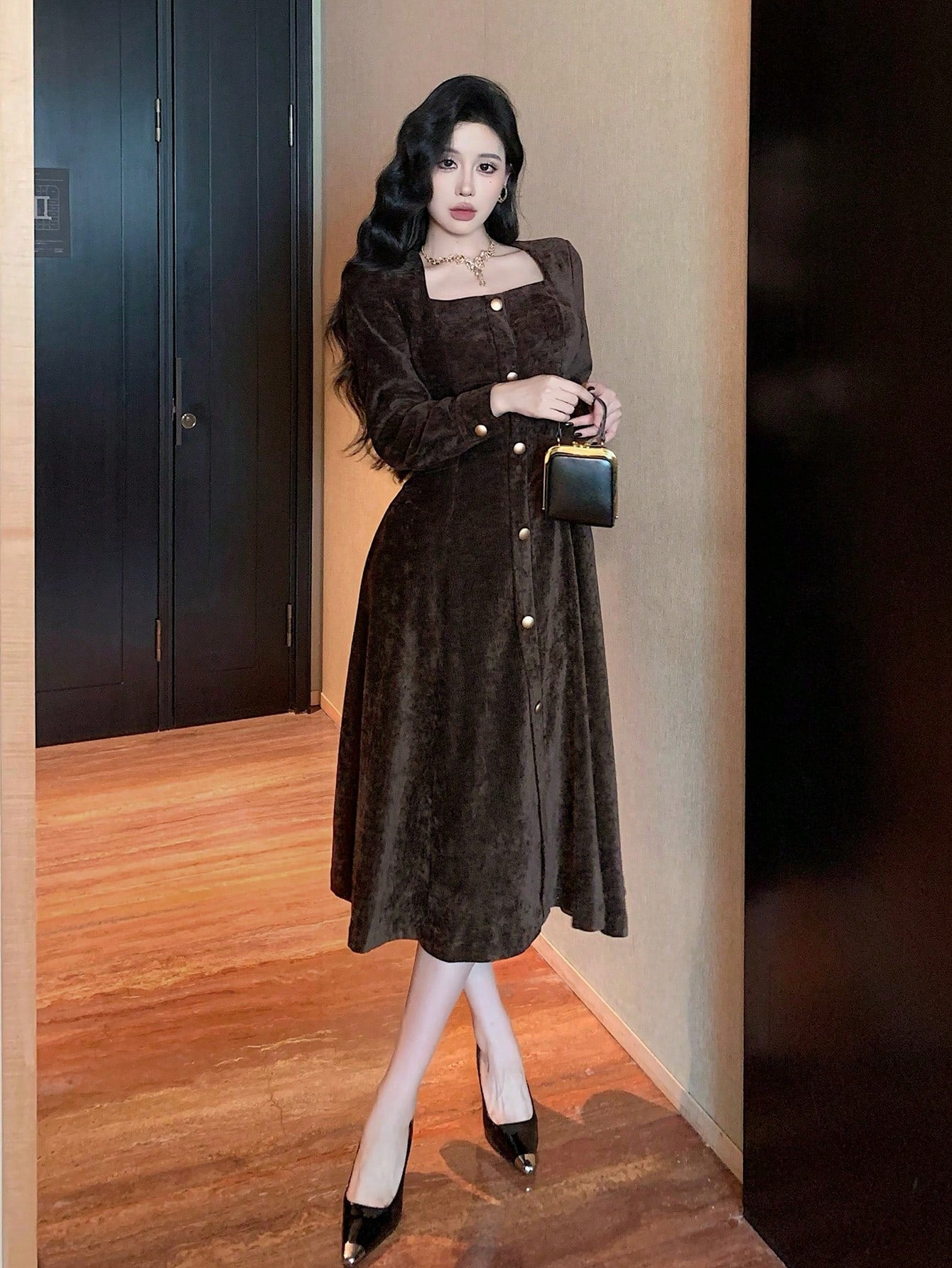 Solid Color Square Neck Button Front Mid-Length Dress
