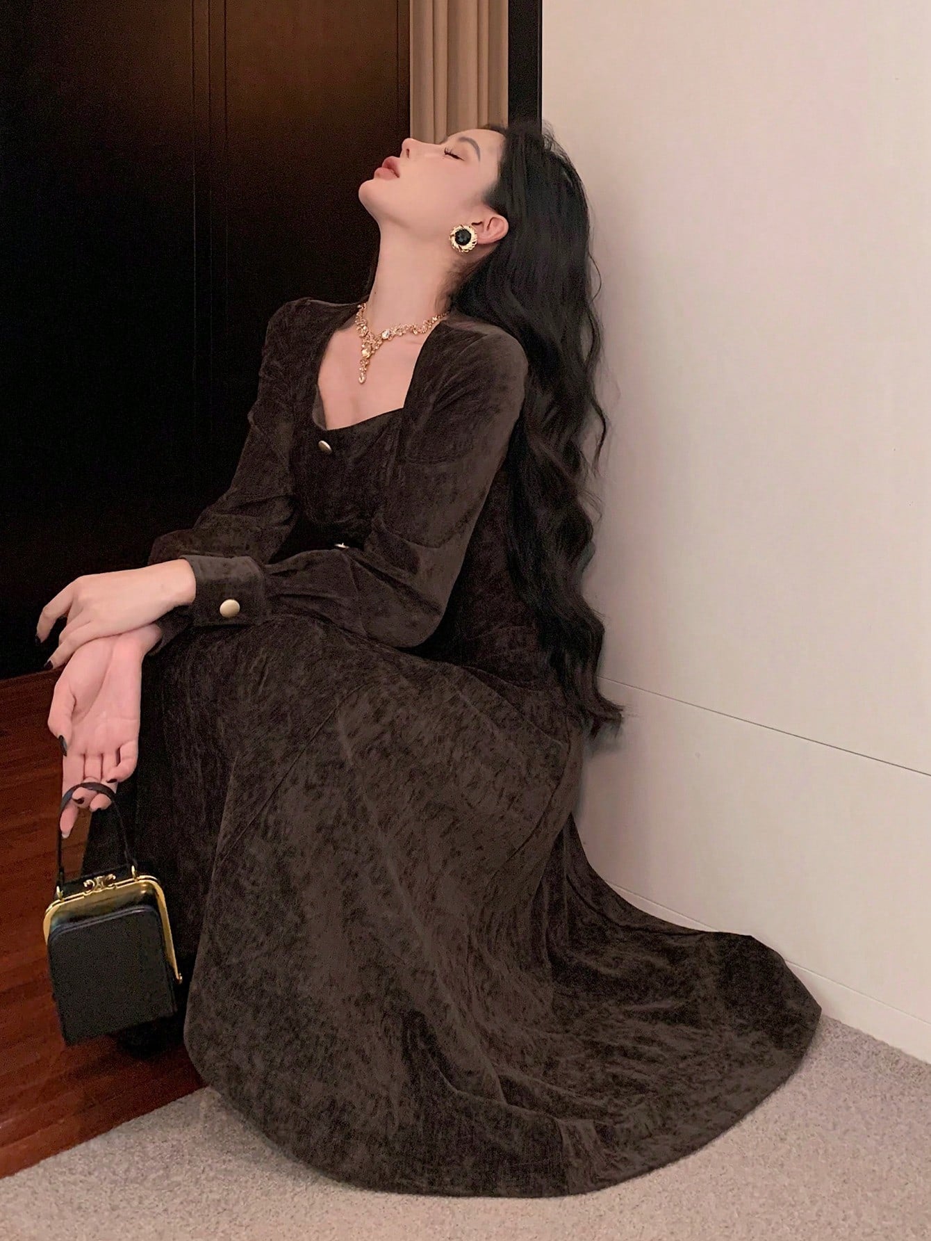 Solid Color Square Neck Button Front Mid-Length Dress