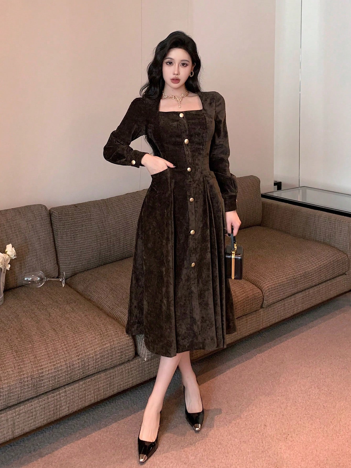 Solid Color Square Neck Button Front Mid-Length Dress