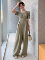 Solid Color Square Neckline Puff Sleeve Women's Jumpsuit