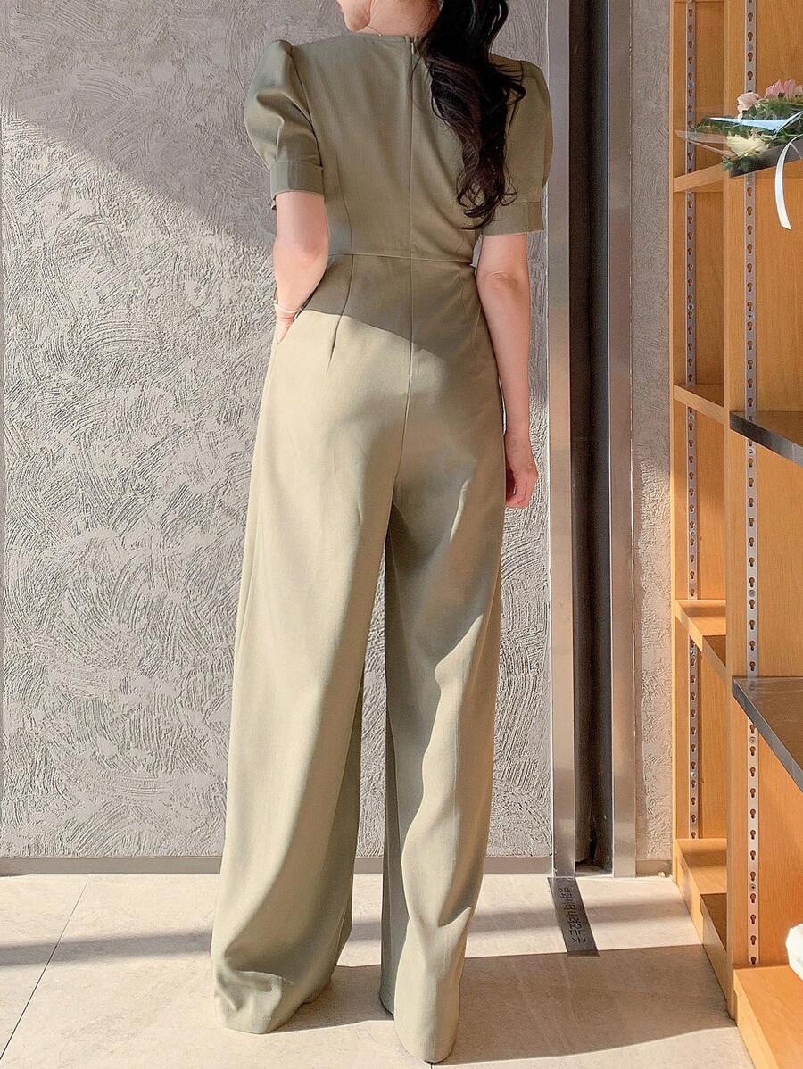 Shein DAZY Solid Color Square Neckline Puff Sleeve Women's Jumpsuit