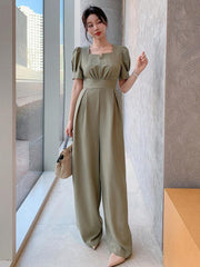 Solid Color Square Neckline Puff Sleeve Women's Jumpsuit