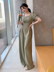 Solid Color Square Neckline Puff Sleeve Women's Jumpsuit