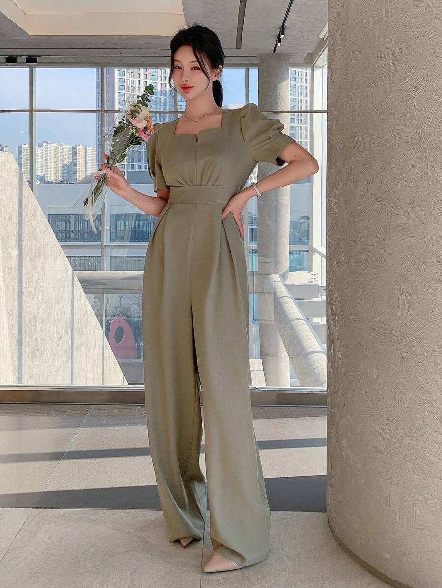 Shein DAZY Solid Color Square Neckline Puff Sleeve Women's Jumpsuit