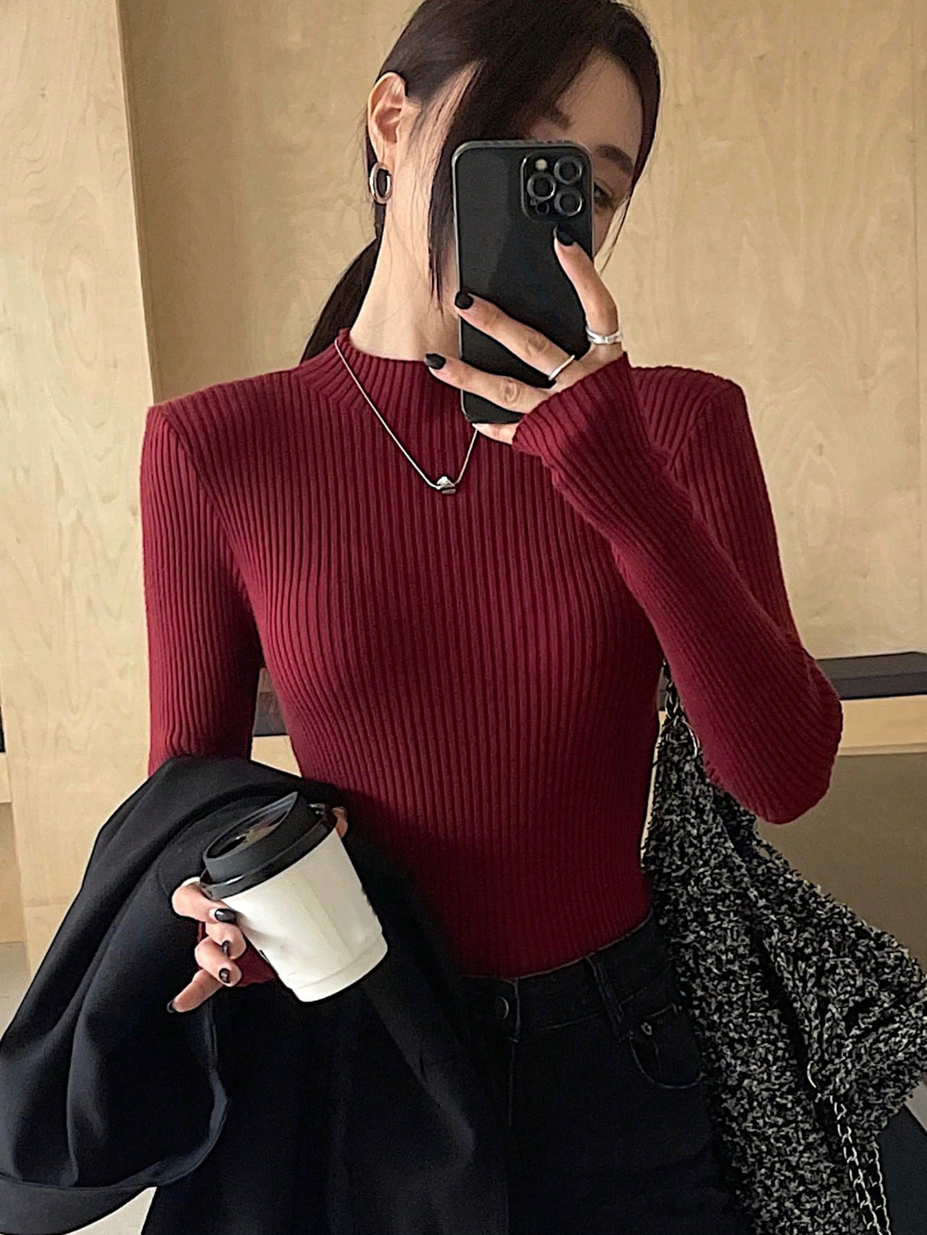 Shein DAZY Solid Color Stand Collar Rib-Knit Fitted Women Long Sleeve Sweater
