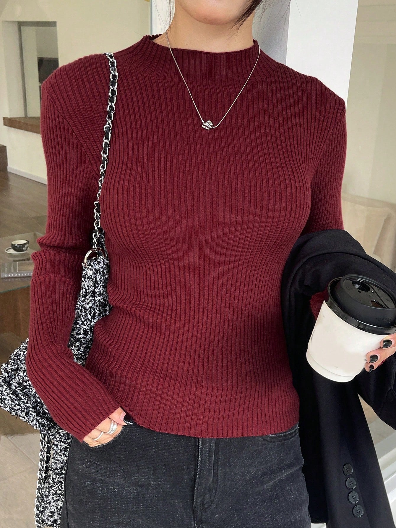 Shein DAZY Solid Color Stand Collar Rib-Knit Fitted Women Long Sleeve Sweater