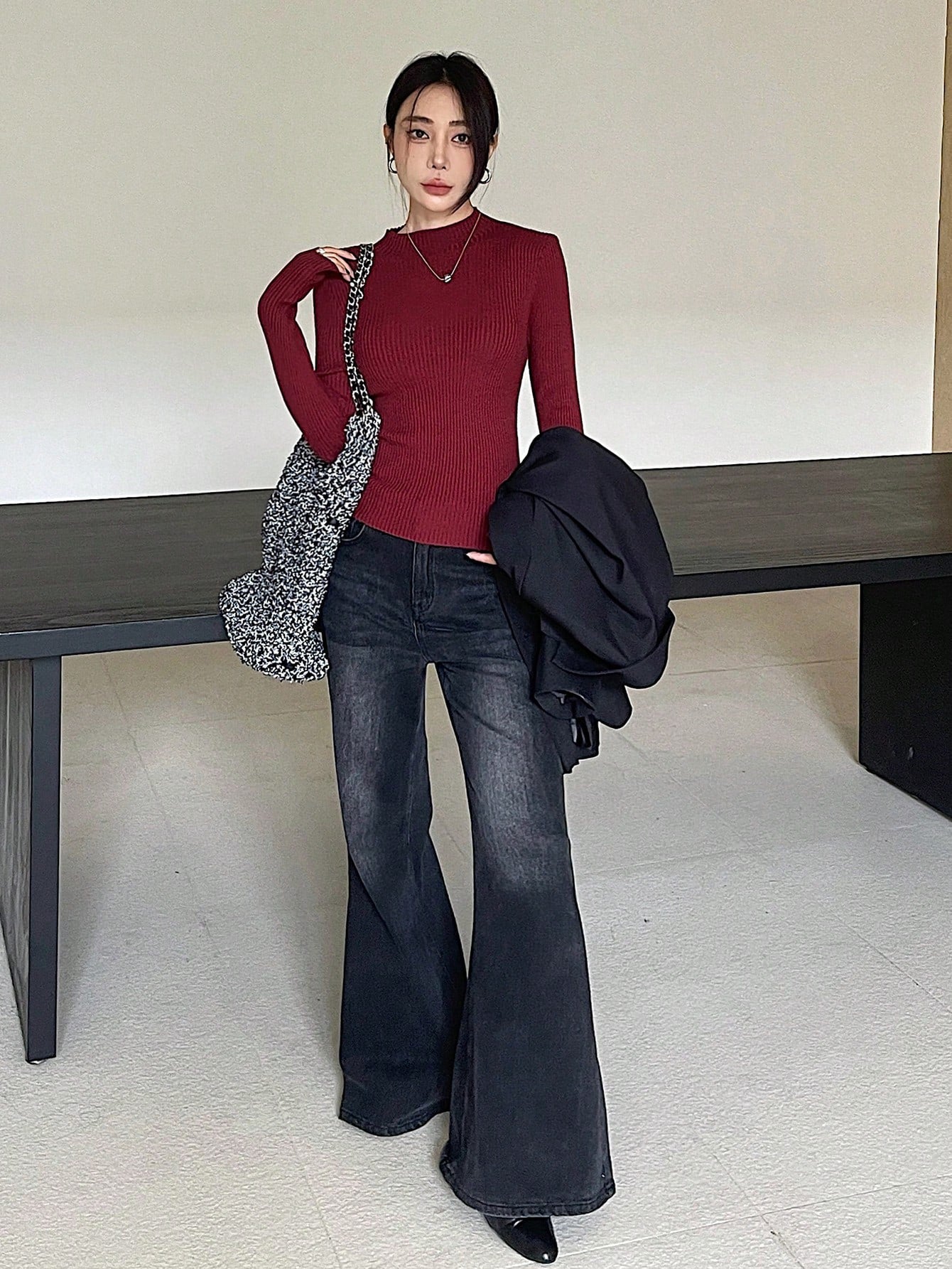 Shein DAZY Solid Color Stand Collar Rib-Knit Fitted Women Long Sleeve Sweater