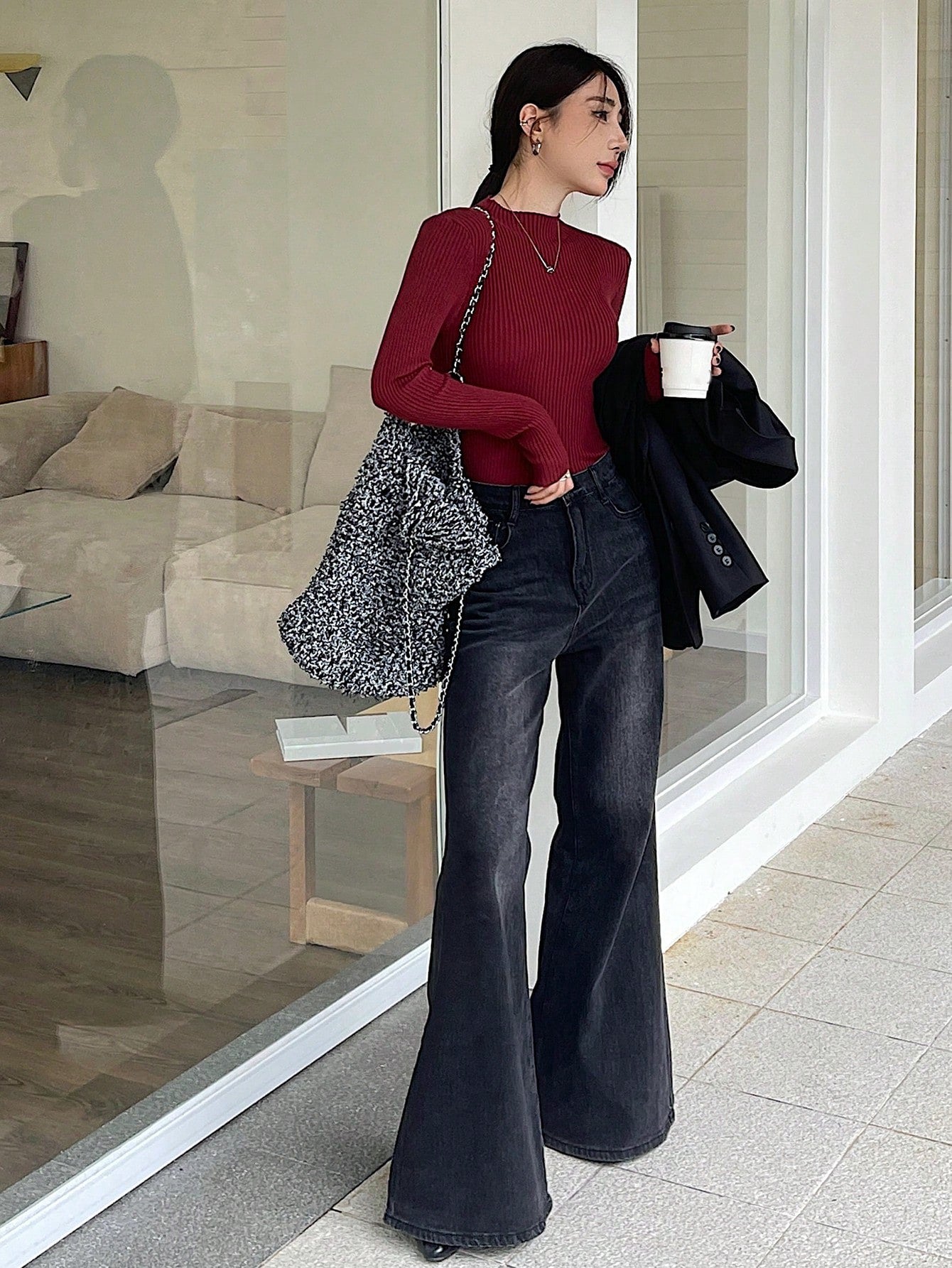 Shein DAZY Solid Color Stand Collar Rib-Knit Fitted Women Long Sleeve Sweater