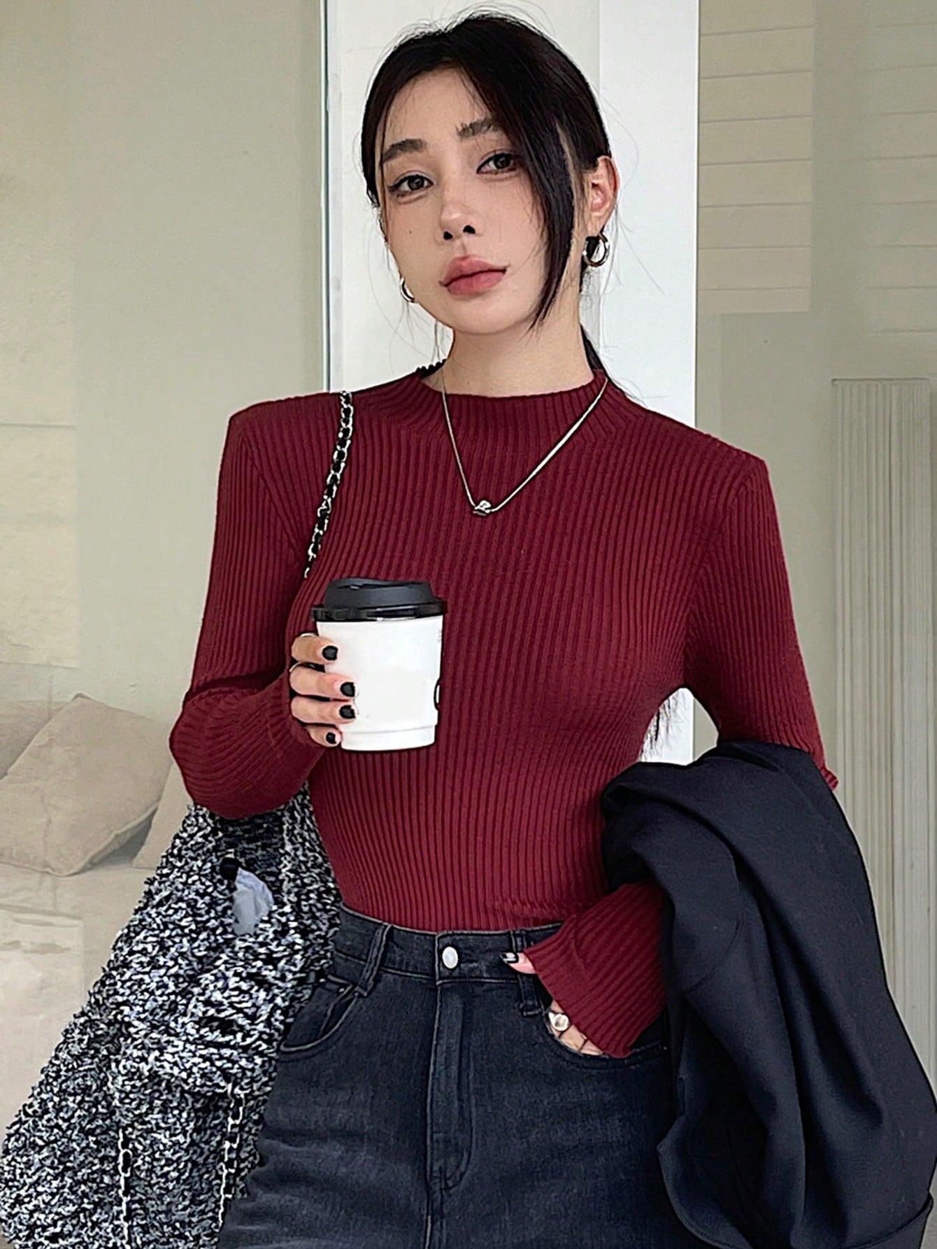 Shein DAZY Solid Color Stand Collar Rib-Knit Fitted Women Long Sleeve Sweater