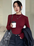 Shein DAZY Solid Color Stand Collar Rib-Knit Fitted Women Long Sleeve Sweater