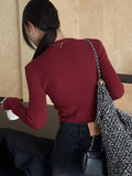 Shein DAZY Solid Color Stand Collar Rib-Knit Fitted Women Long Sleeve Sweater
