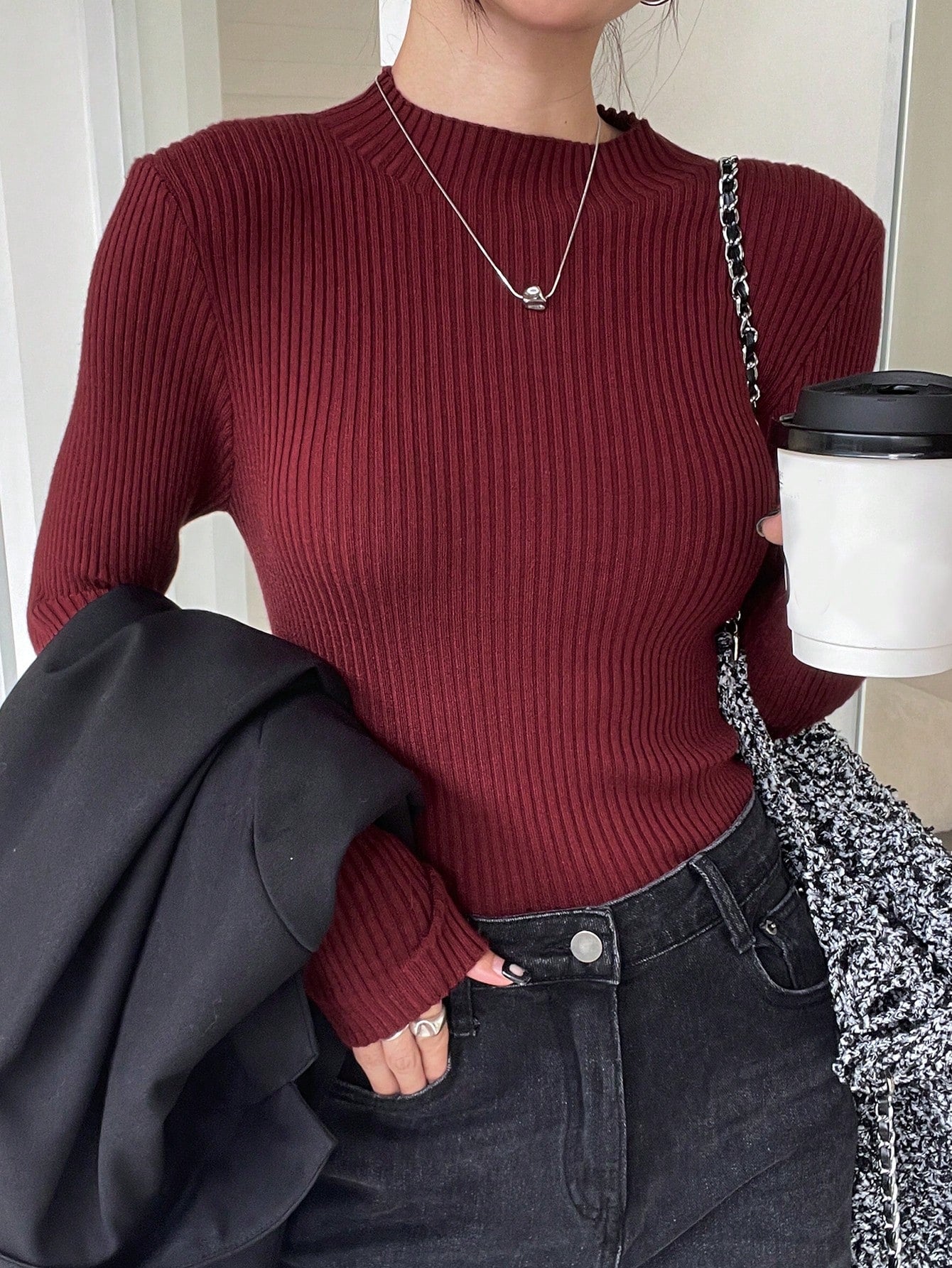 Shein DAZY Solid Color Stand Collar Rib-Knit Fitted Women Long Sleeve Sweater