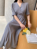 Shein DAZY Solid Color V-Neck Puff Sleeve Pleated Mid-Length Dress