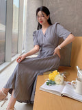 Shein DAZY Solid Color V-Neck Puff Sleeve Pleated Mid-Length Dress