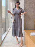 Shein DAZY Solid Color V-Neck Puff Sleeve Pleated Mid-Length Dress