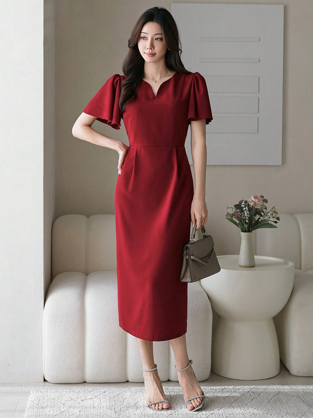 Shein DAZY Solid Color Women Ruffle Sleeve Dress