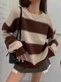 Shein DAZY Striped Loose Long Sleeve Crew Neck Sweater For Women