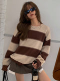 Shein DAZY Striped Loose Long Sleeve Crew Neck Sweater For Women