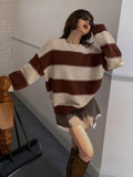 Shein DAZY Striped Loose Long Sleeve Crew Neck Sweater For Women