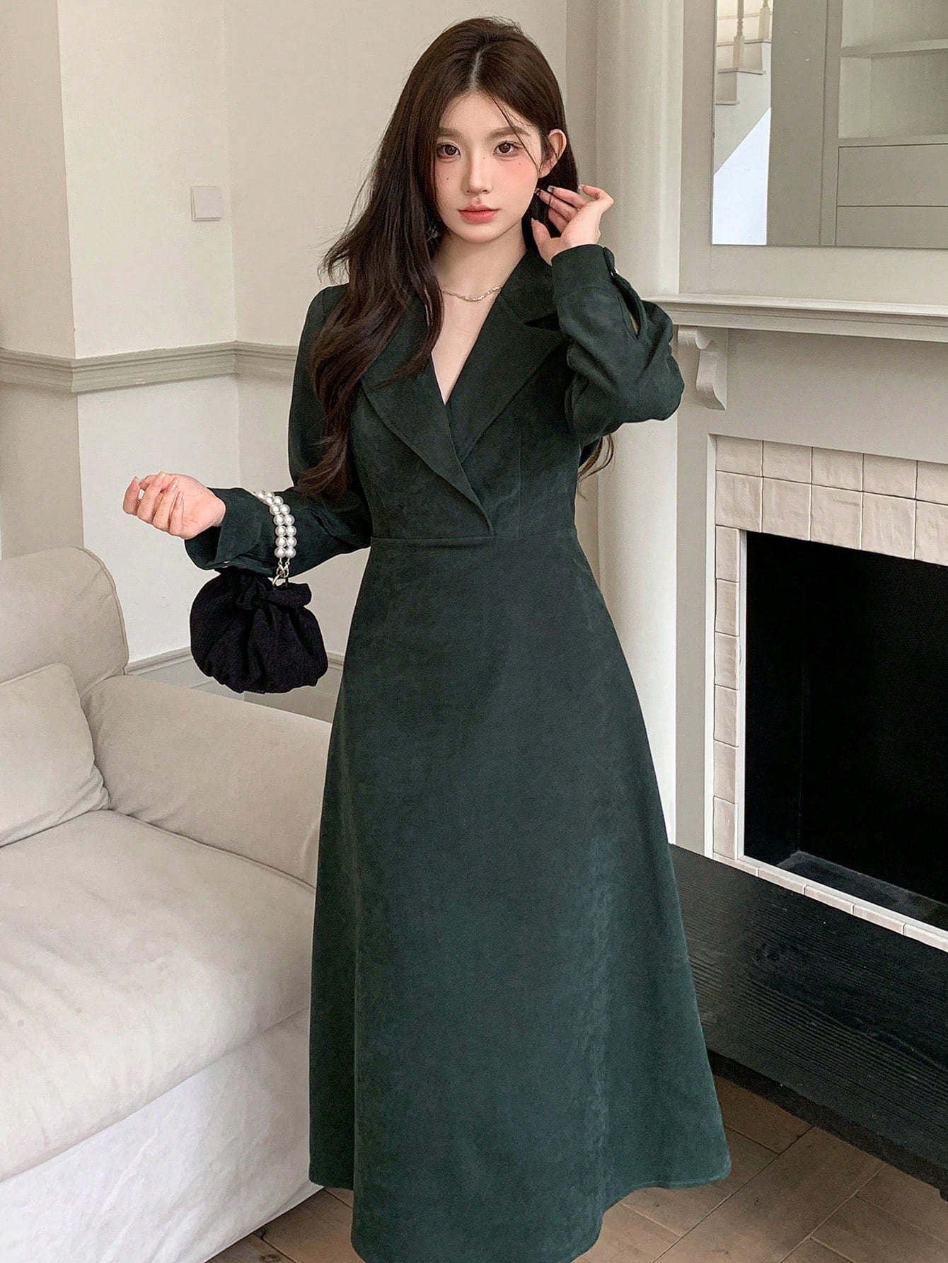 Shein DAZY Women Cross-Wrapped Solid Color Elegant Long Sleeve Midi Dress