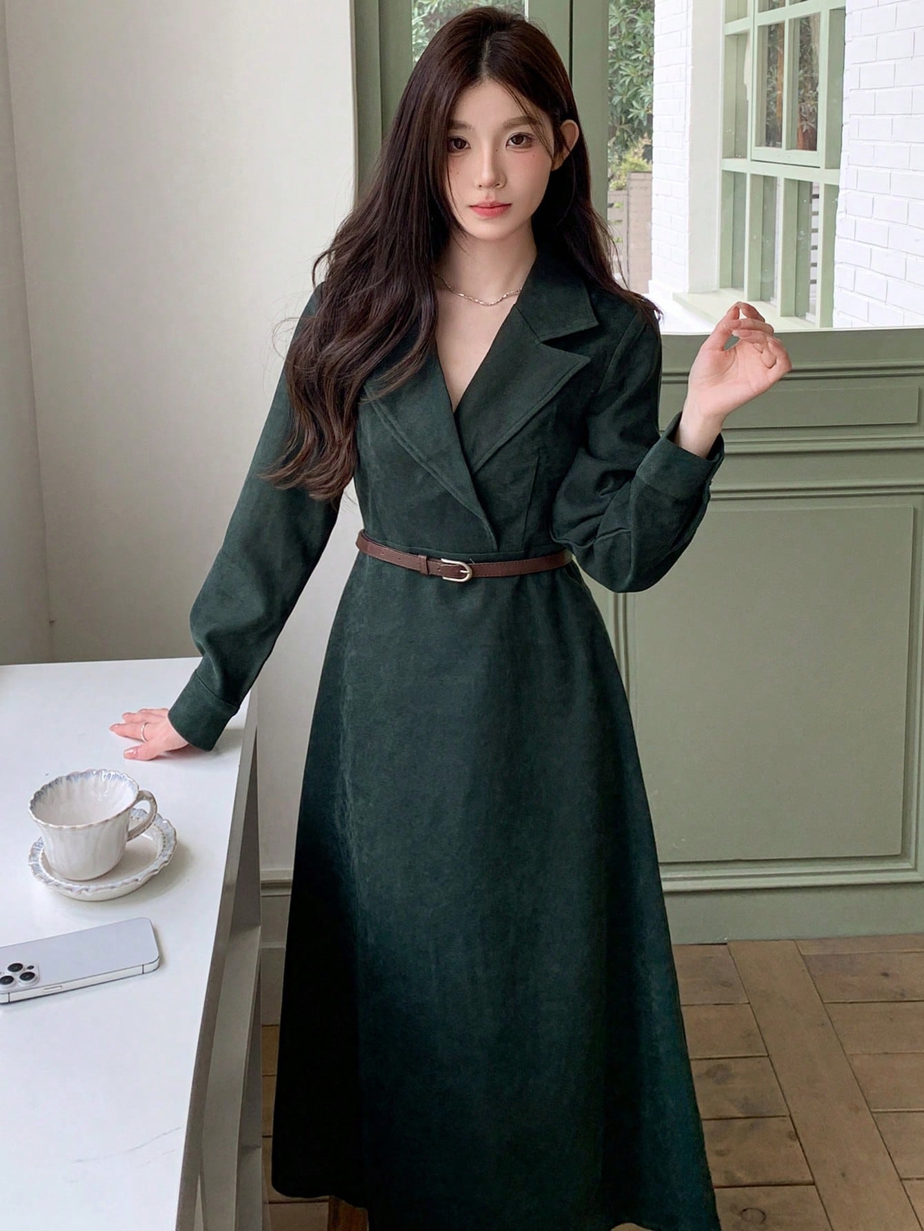 Shein DAZY Women Cross-Wrapped Solid Color Elegant Long Sleeve Midi Dress