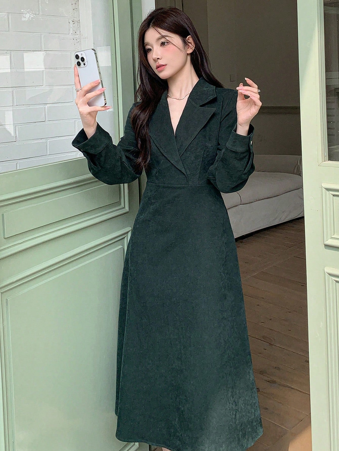 Shein DAZY Women Cross-Wrapped Solid Color Elegant Long Sleeve Midi Dress