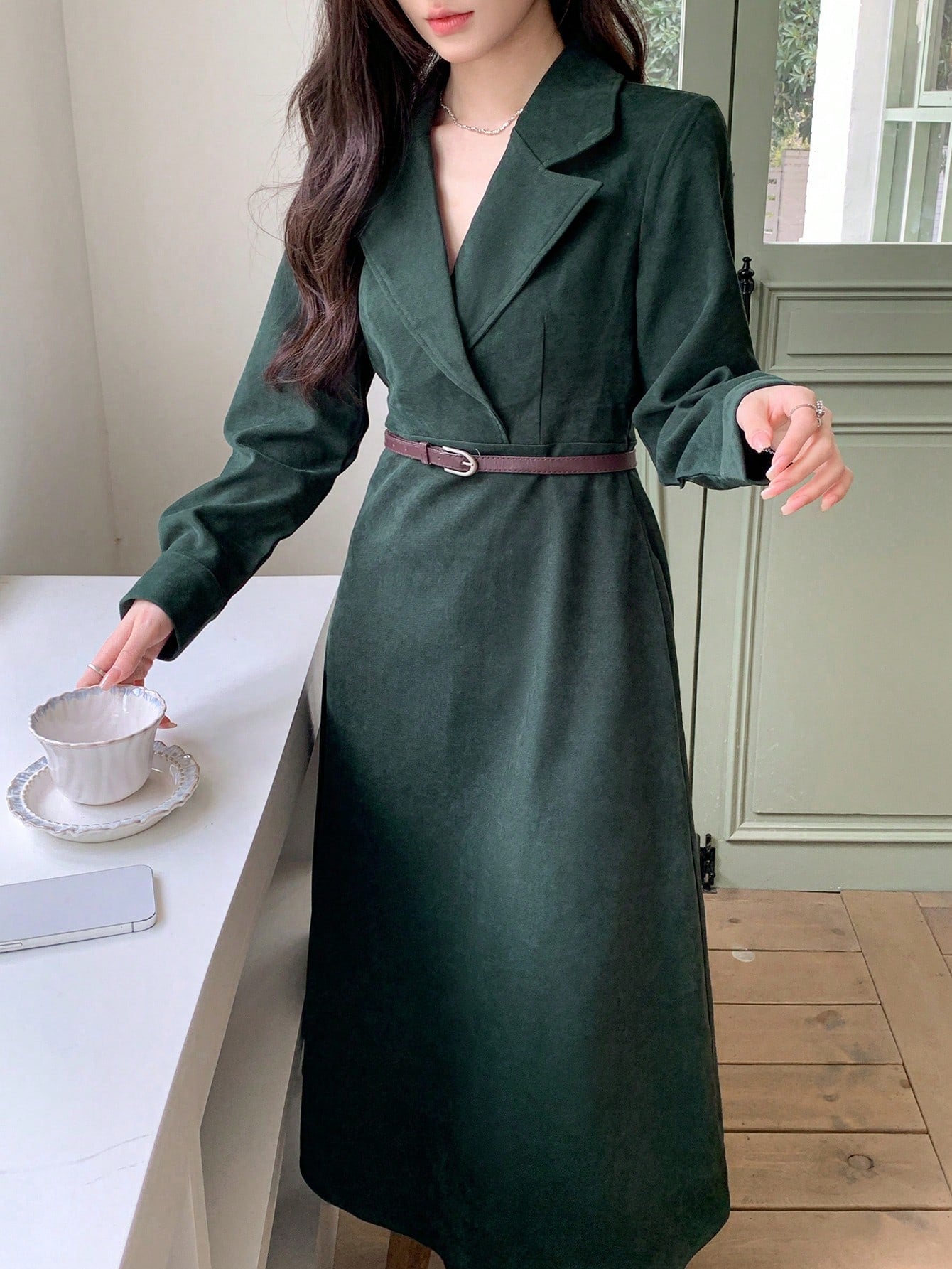 Shein DAZY Women Cross-Wrapped Solid Color Elegant Long Sleeve Midi Dress