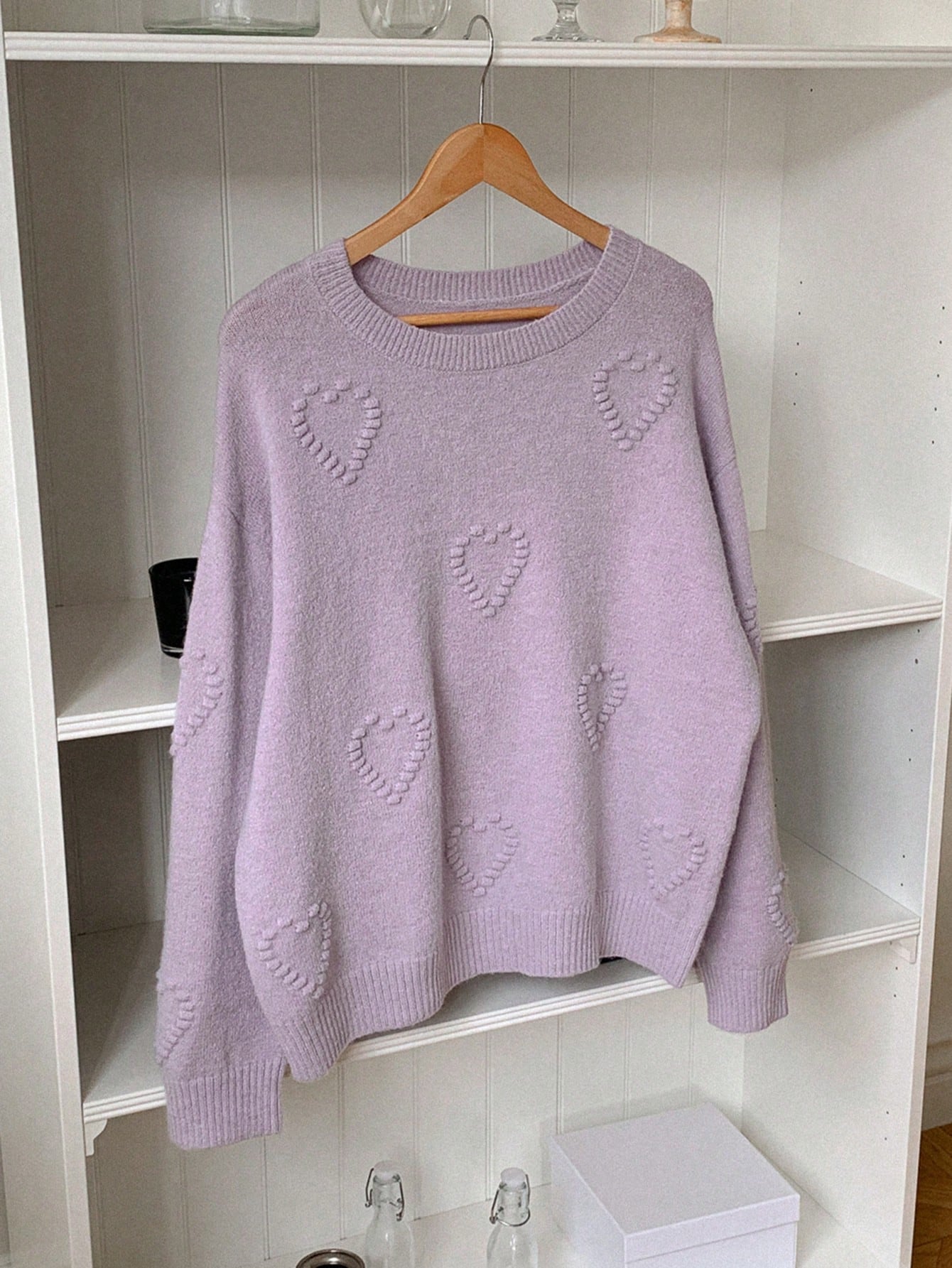 Women Loose Fit Heart Jacquard Round Neck Long Sleeve Sweater