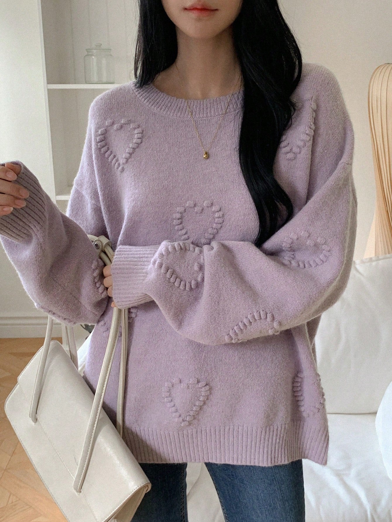 Women Loose Fit Heart Jacquard Round Neck Long Sleeve Sweater