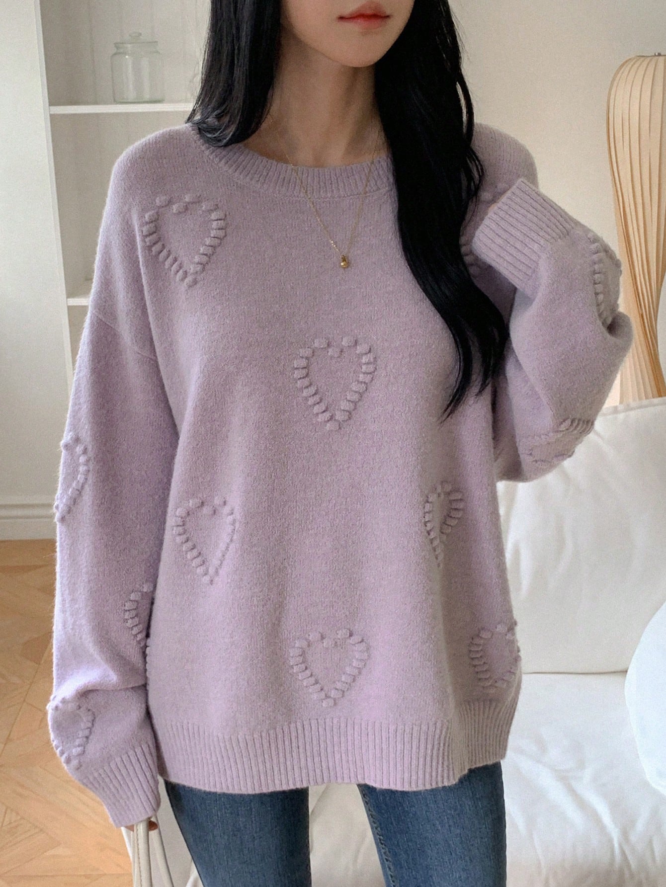 Women Loose Fit Heart Jacquard Round Neck Long Sleeve Sweater