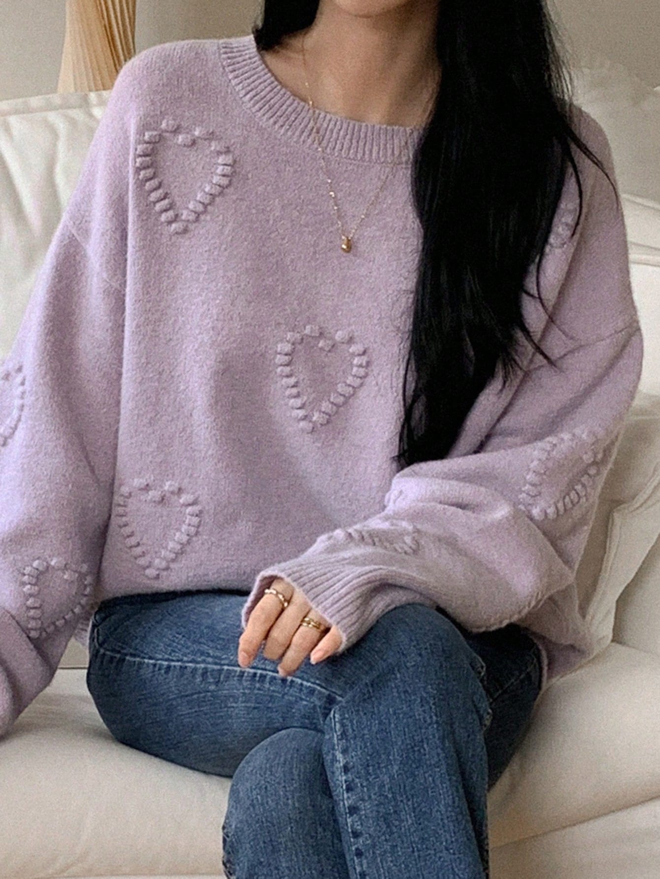 Women Loose Fit Heart Jacquard Round Neck Long Sleeve Sweater