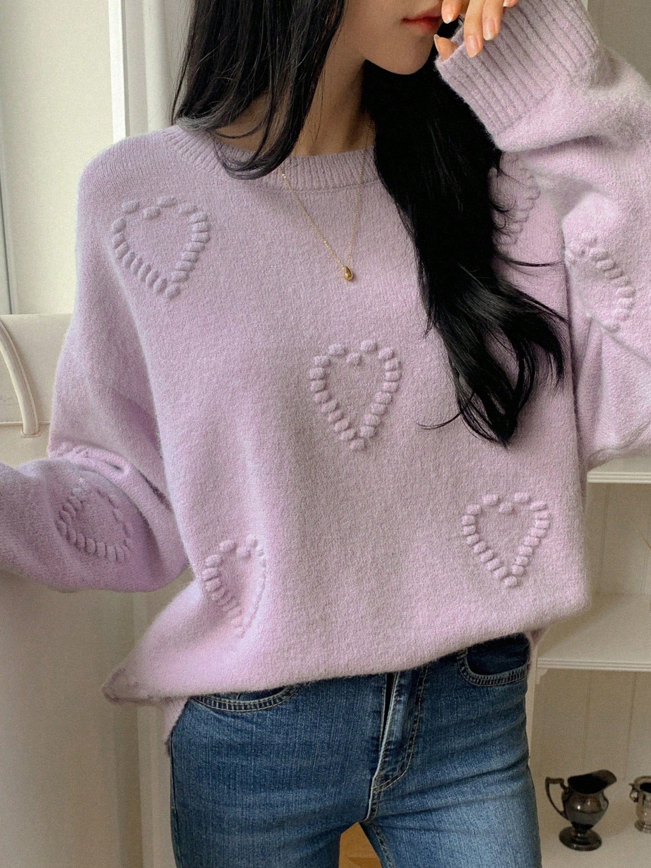 Women Loose Fit Heart Jacquard Round Neck Long Sleeve Sweater
