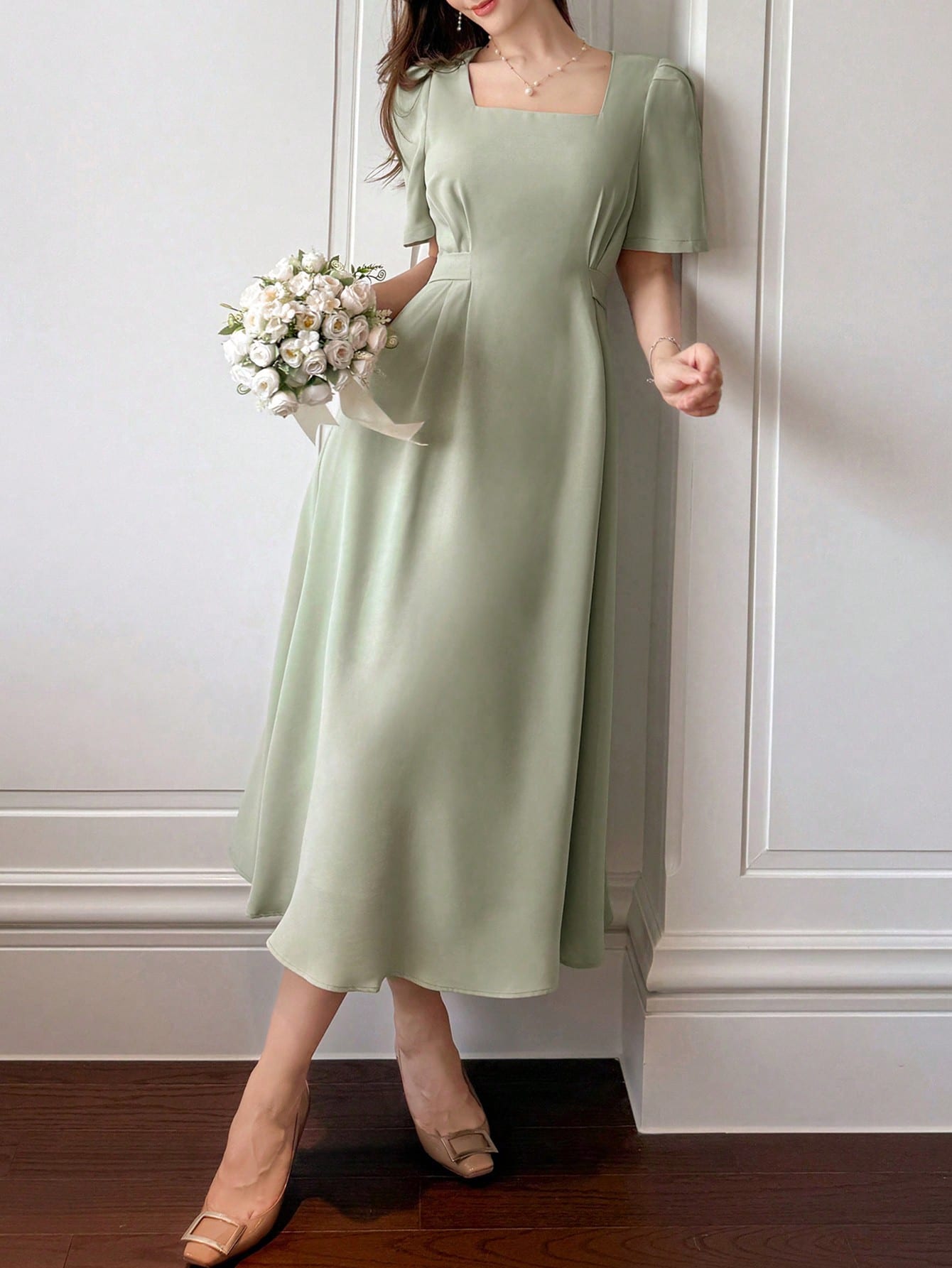Shein DAZY Women Square Neck Short Sleeve Elegant Mid-Calf Dress