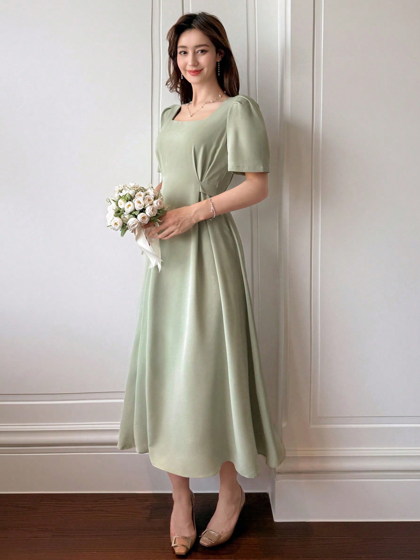 Shein DAZY Women Square Neck Short Sleeve Elegant Mid-Calf Dress