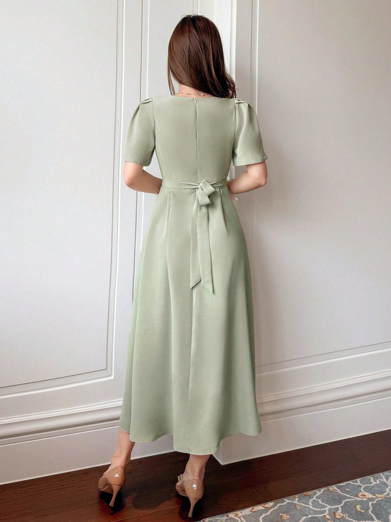 Shein DAZY Women Square Neck Short Sleeve Elegant Mid-Calf Dress