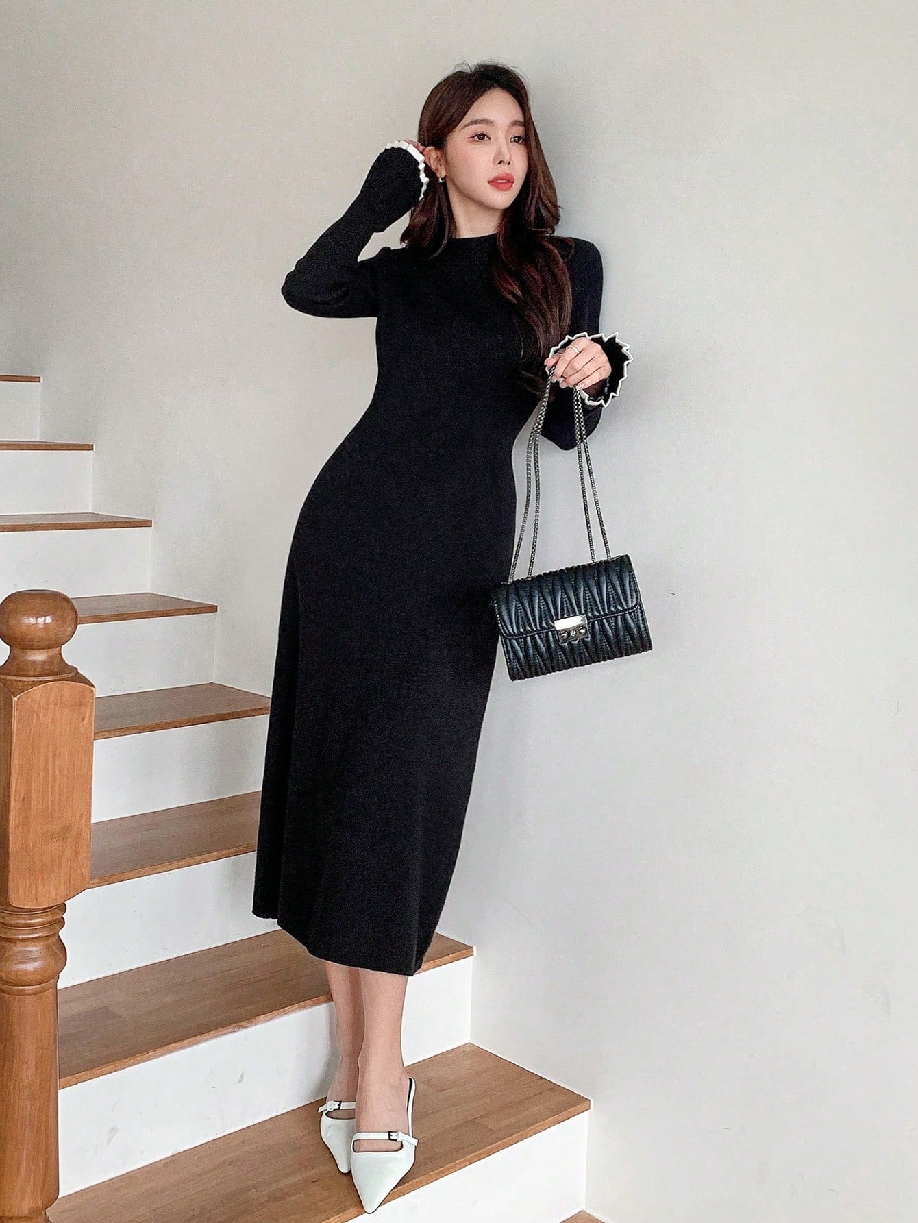 shein black sweater dress Knit Mix Knitted Elegant Commuter Midi For Women,Floral Pa | Dress Sleeve Length SHEIN EZwear Women's Casual Black
