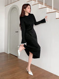 Shein DAZY Women's Black Crew Neck Long Sleeve Fitted Colorblock Sweater Dress