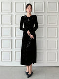 Shein DAZY Women's Crew Neck Long Sleeve Embroidered Velvet Long Dress