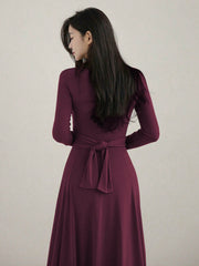 Women's Deep V-Neck Belted Midi Dress