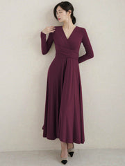 Women's Deep V-Neck Belted Midi Dress